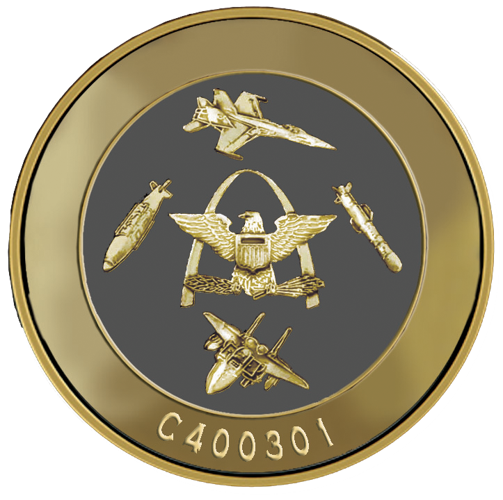 A gold coin with military related images on it.