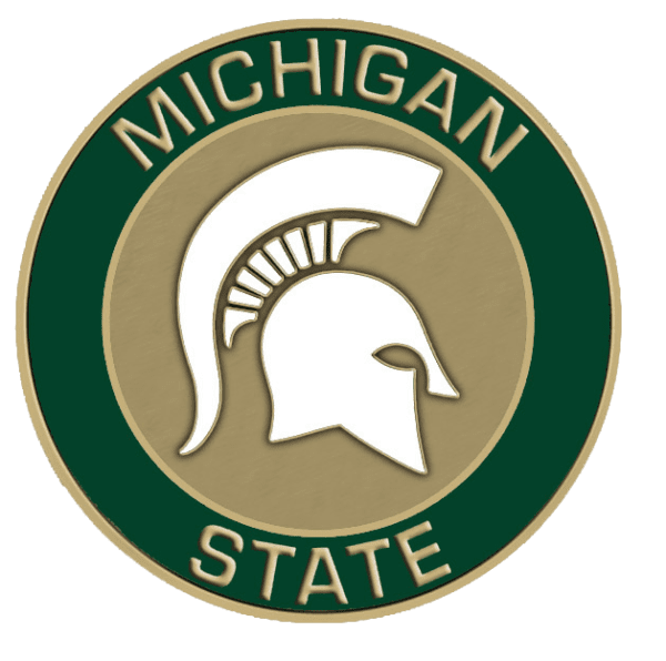 A green and white logo with the word michigan state