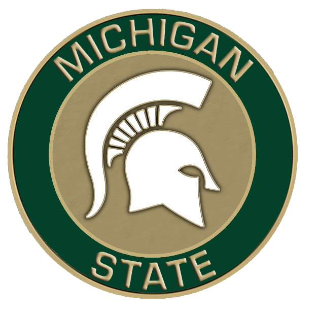 A green and white logo with the word michigan state