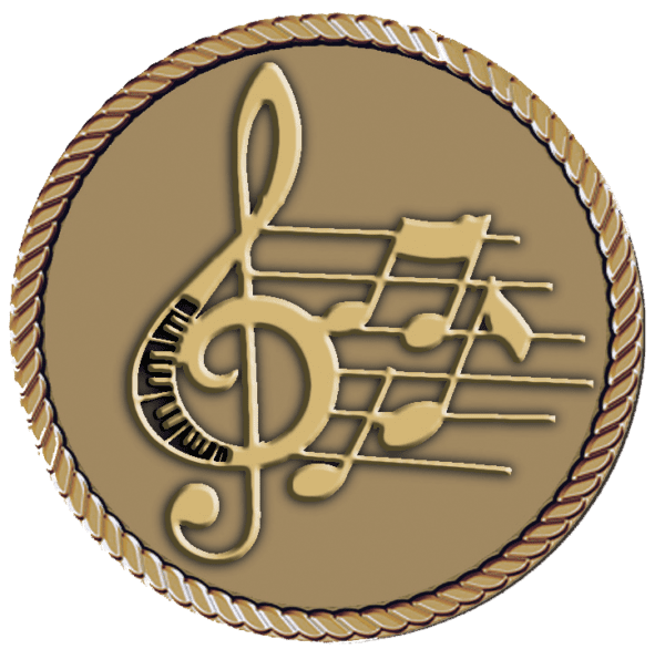 A gold medal with musical notes and treble clef.