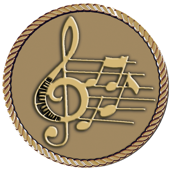 A gold medal with musical notes and treble clef.