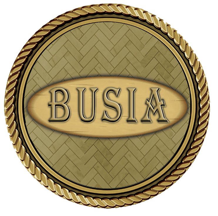 A gold medal with the word busia on it.