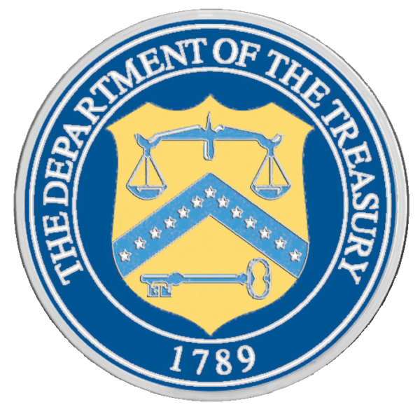 A blue and yellow seal with the words " department of the treasury 1 7 8 9 ".