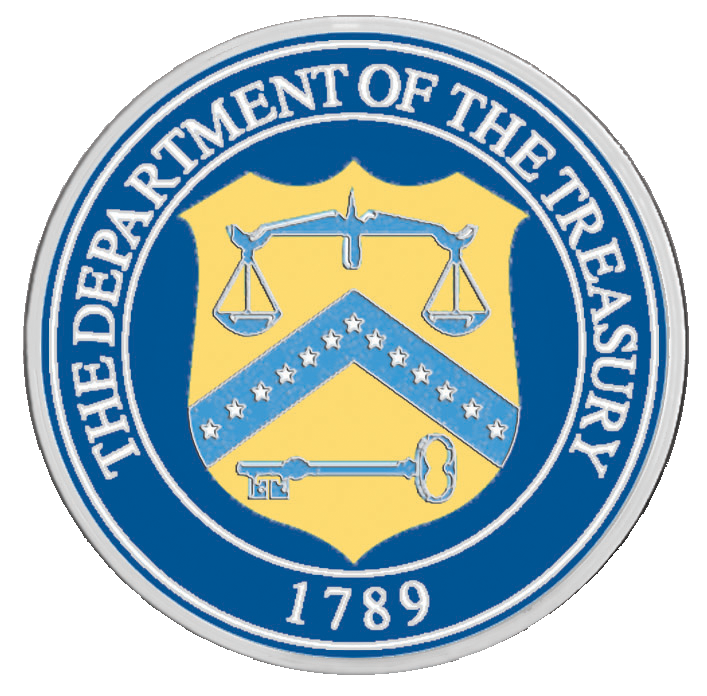 A blue and yellow seal with the words " department of the treasury 1 7 8 9 ".